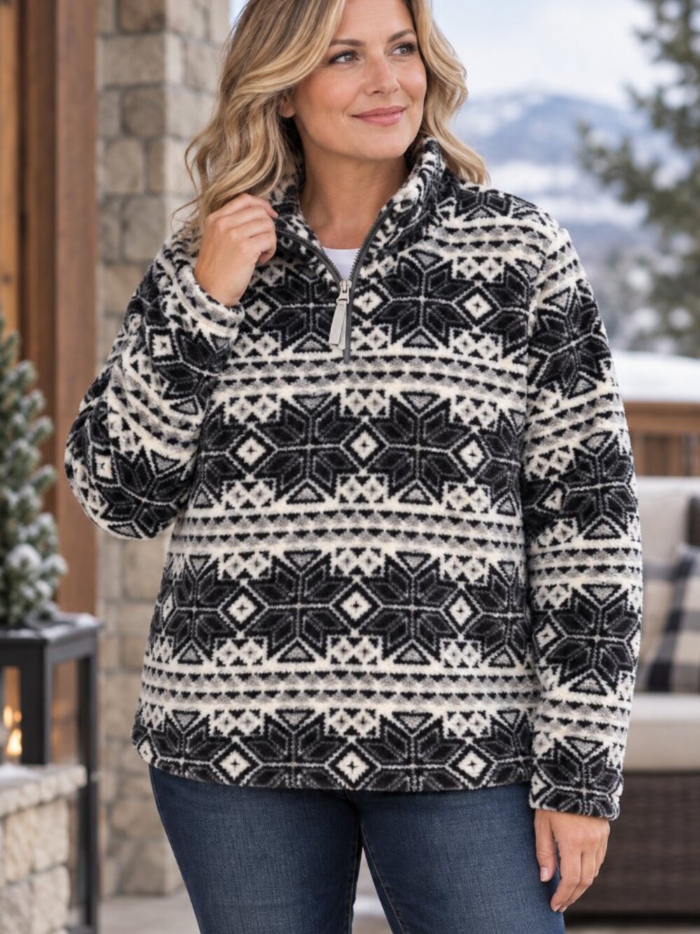 Aeropostale Prince & Fox XL Womens Nordic Fair Isle Fleece Quarter Zip Pullover
